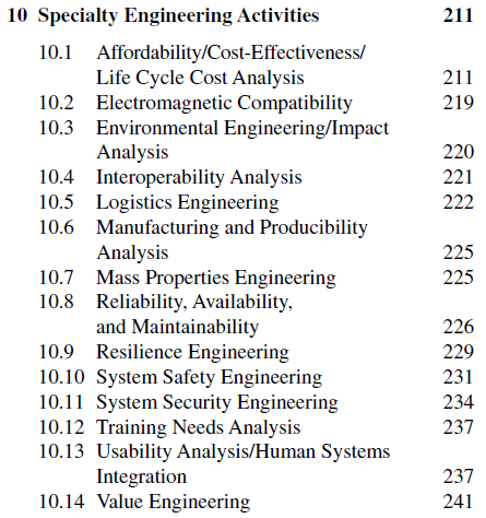 Table of contents for the Specialty Engineering section of the INCOSE handbook.