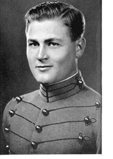 Black and white yearbook photo of a man in military uniform