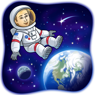 cartoon of astronaut floating above earth and moon